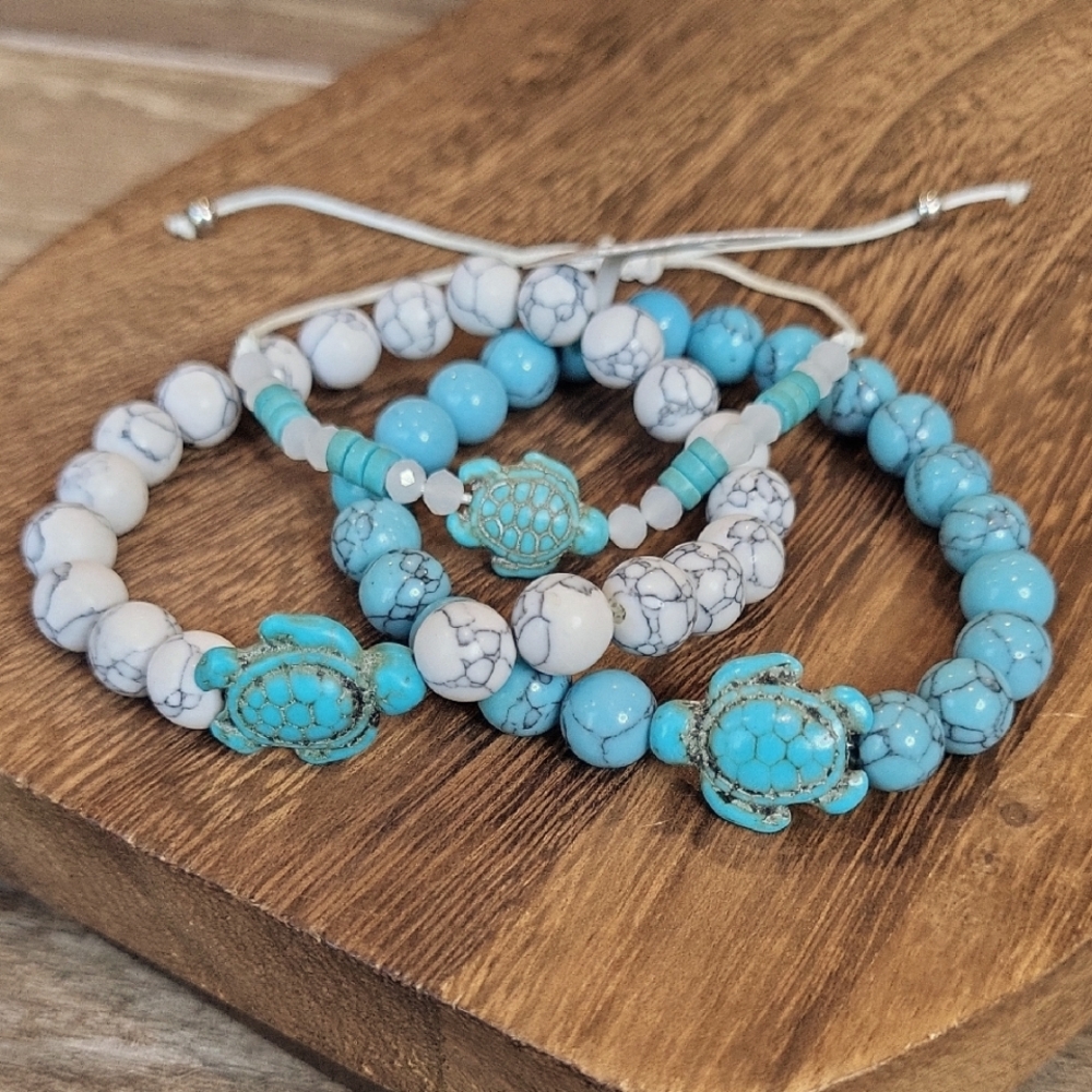 Sea Turtle Beaded Stone & Crystal Adjustable Bracelets